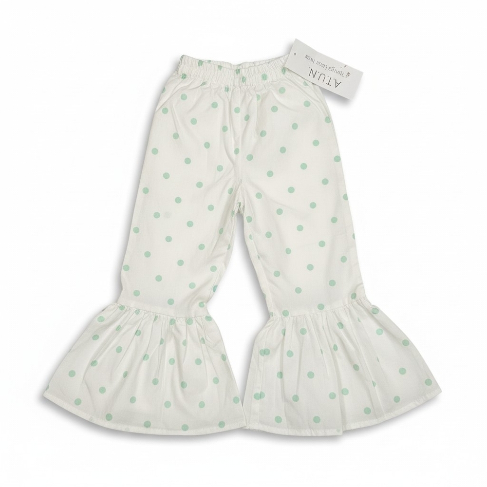 Kids White Ruffle Hem Pants with Mint Polka Dots by ATOUN